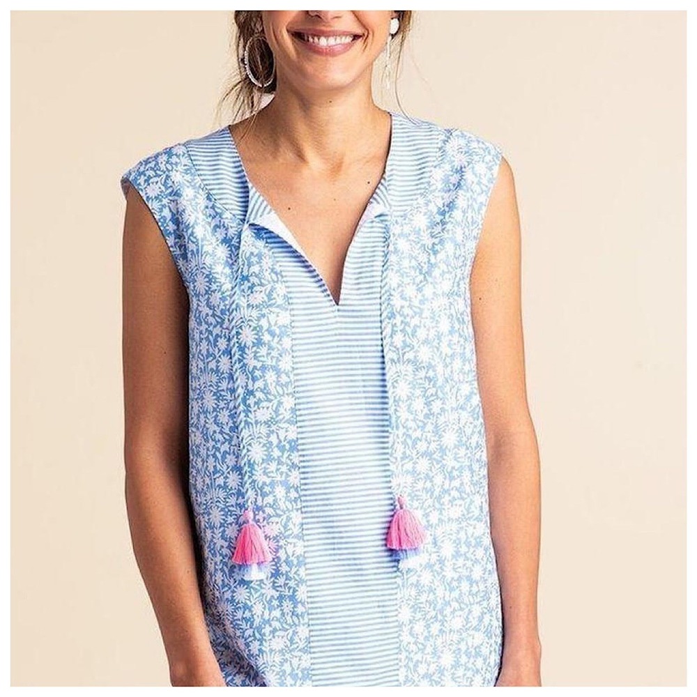Vineyard Vines Otomi Sleeveless Tunic Dress Womens Sz XL Blue Floral Stripe - Picture 2 of 12